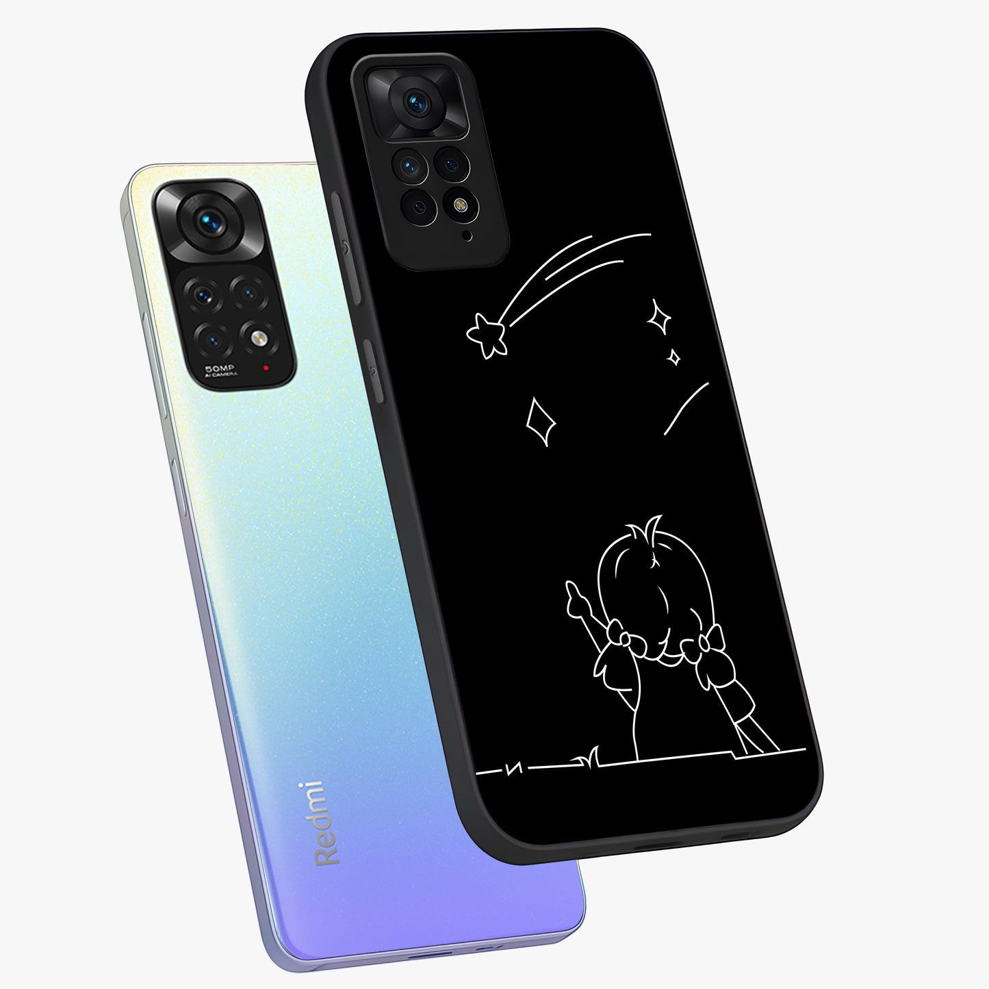 Line Art Girl With Shooting Stars Glass Case displayed in angled mockup highlighting elegant line art design with dreamy star aesthetic.