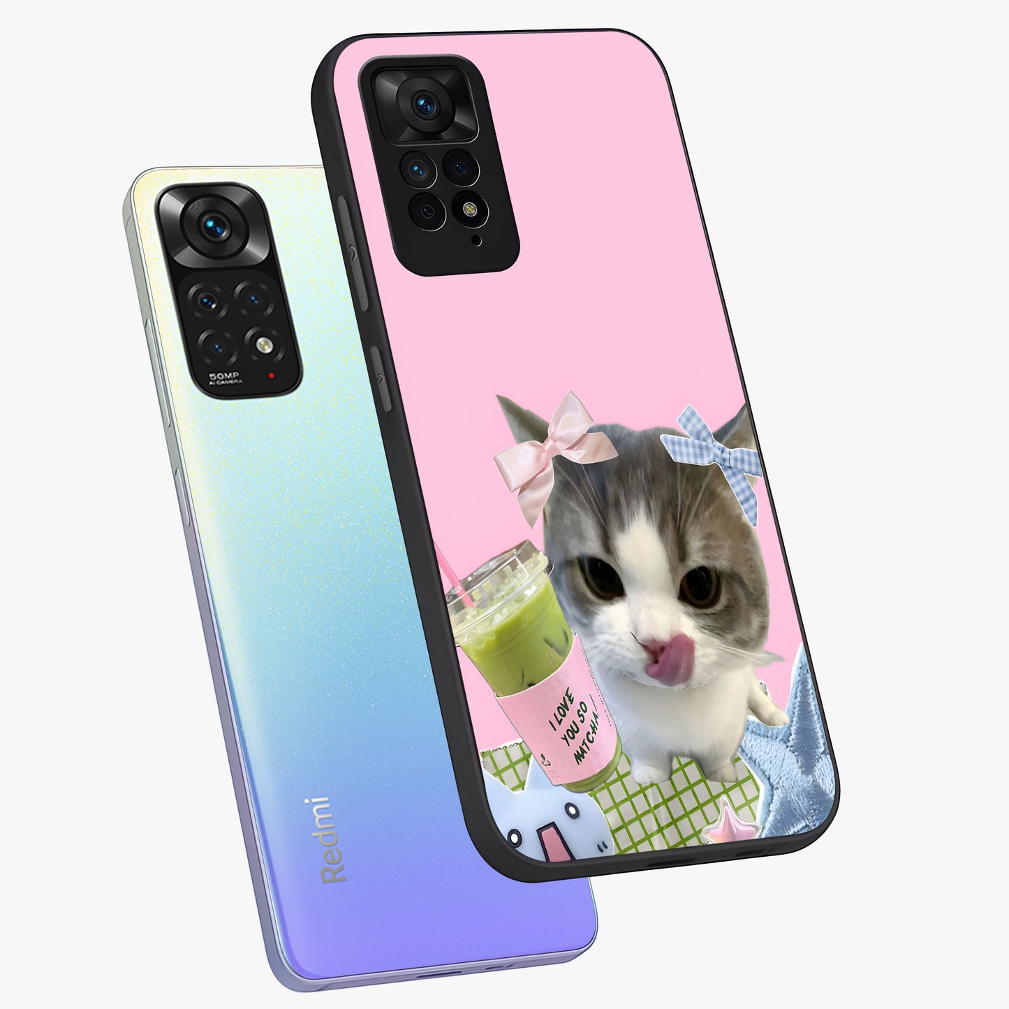 Love Matcha Cat Glass Case displayed in angled mockup highlighting playful feline illustration with cozy matcha aesthetic.