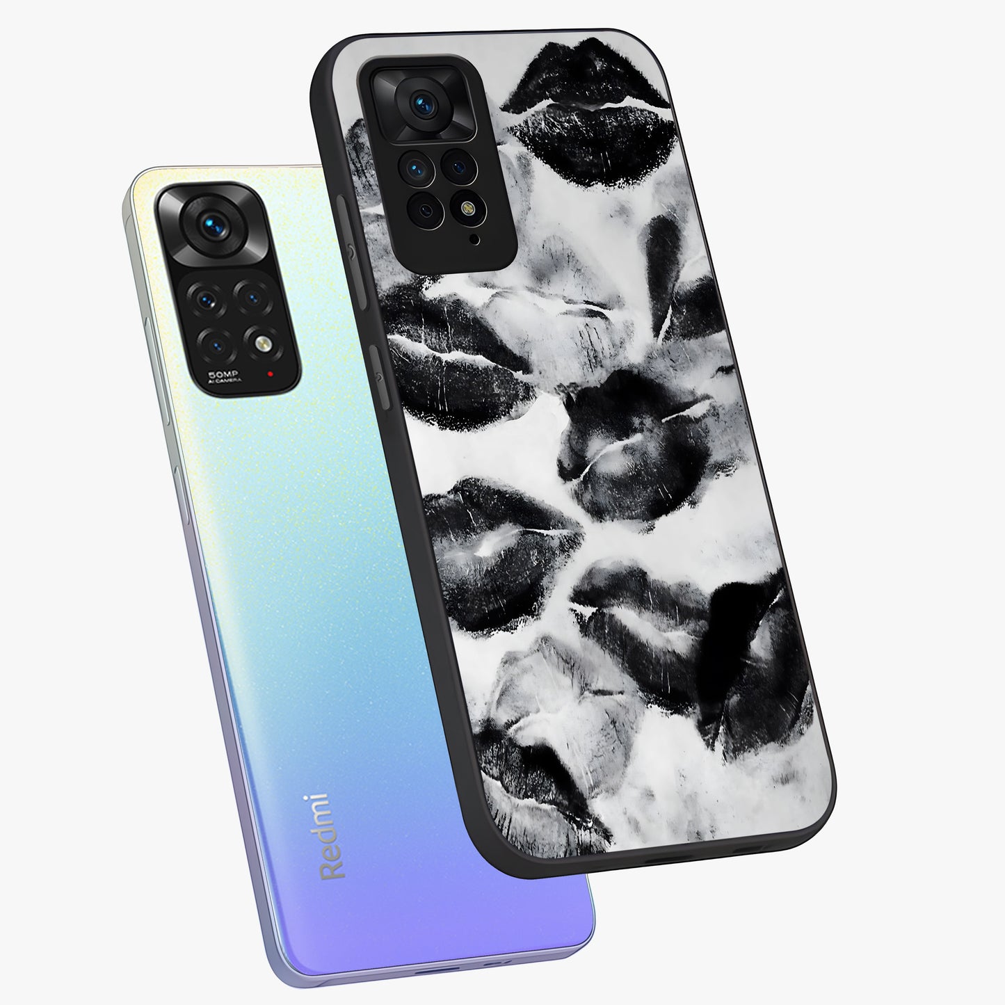 Midnight Kiss Marks Glass Case displayed in angled mockup highlighting playful romantic design with bold midnight aesthetic.