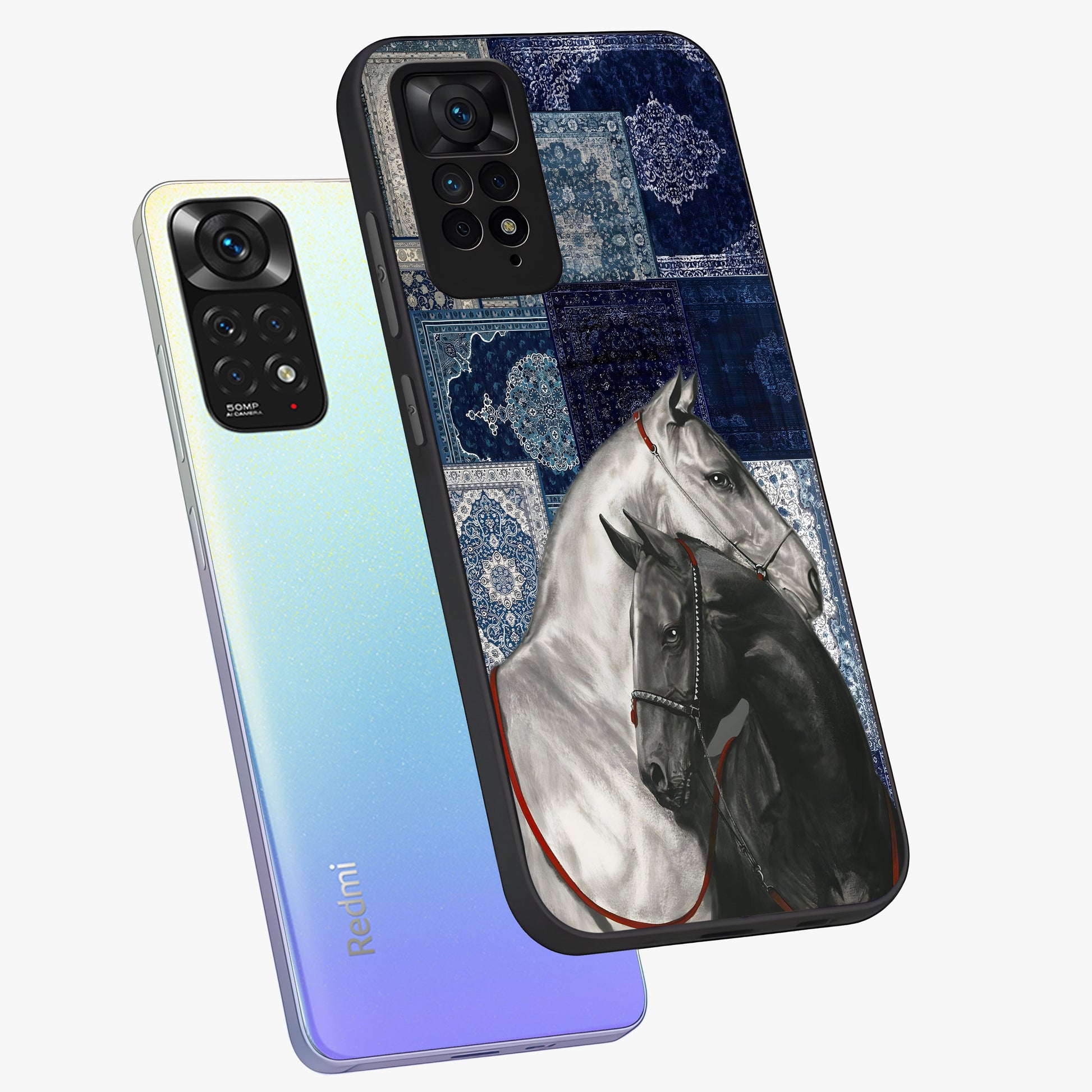 Midnight Stallion Blues Glass Case displayed in angled mockup highlighting powerful stallion illustration with deep midnight tones.
