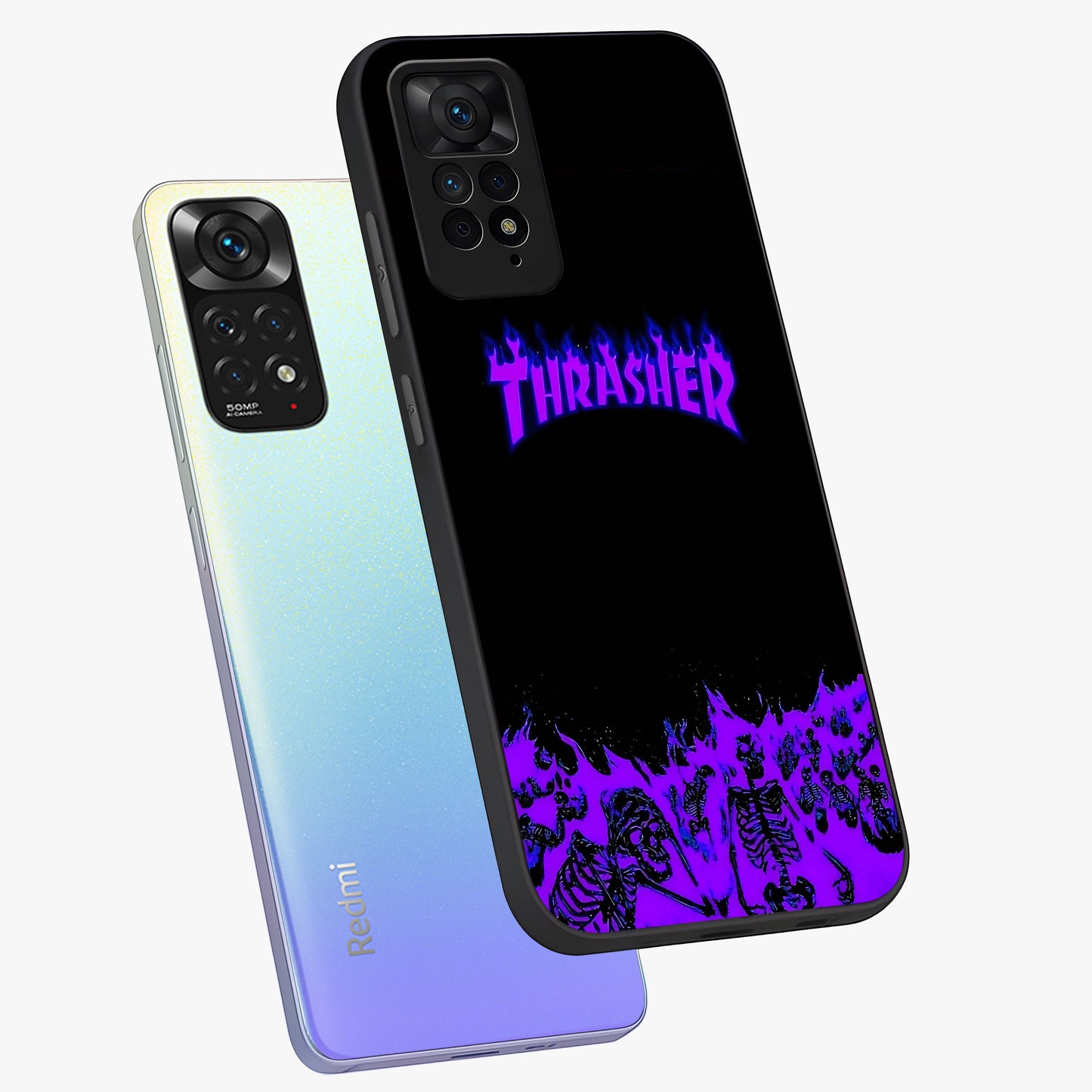 Neon Flame Riot Glass Case displayed in angled mockup highlighting glowing flame design with vibrant neon aesthetic.