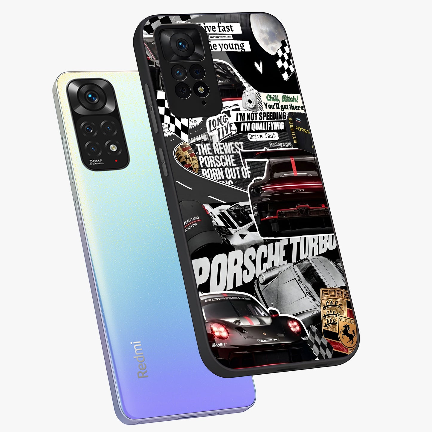 Porsche Racing Collage Glass Case displayed in angled mockup highlighting dynamic automotive design with bold racing aesthetic.