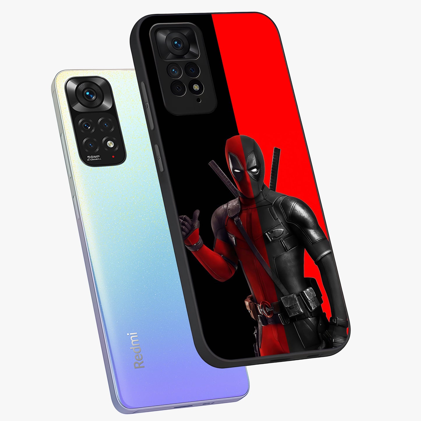 Red & Black Deadpool Theme Glass Case displayed in angled mockup highlighting vibrant superhero style illustration with action aesthetic.