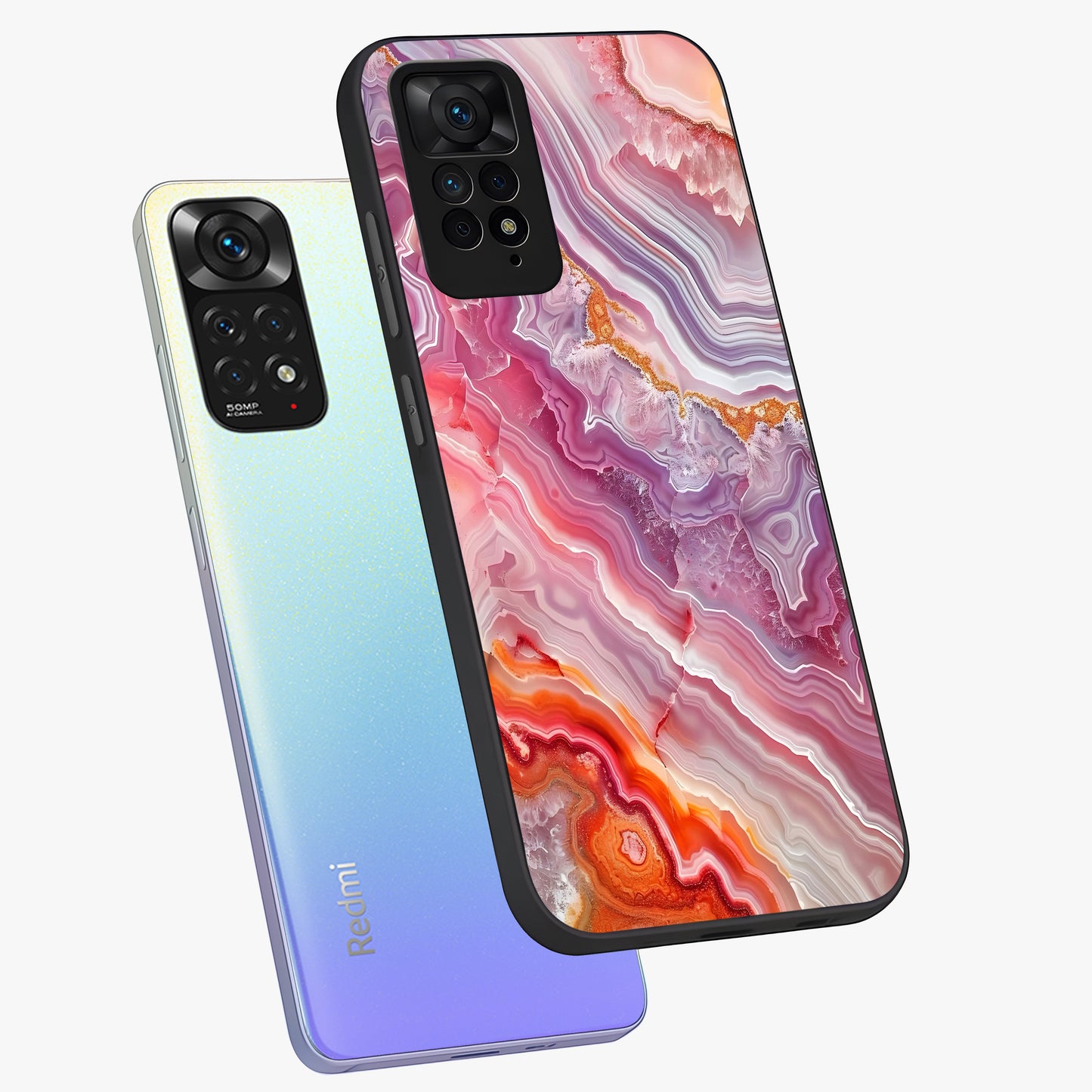 Rose Quartz Marble Glass Case displayed in angled mockup highlighting elegant marble pattern with soft aesthetic style.