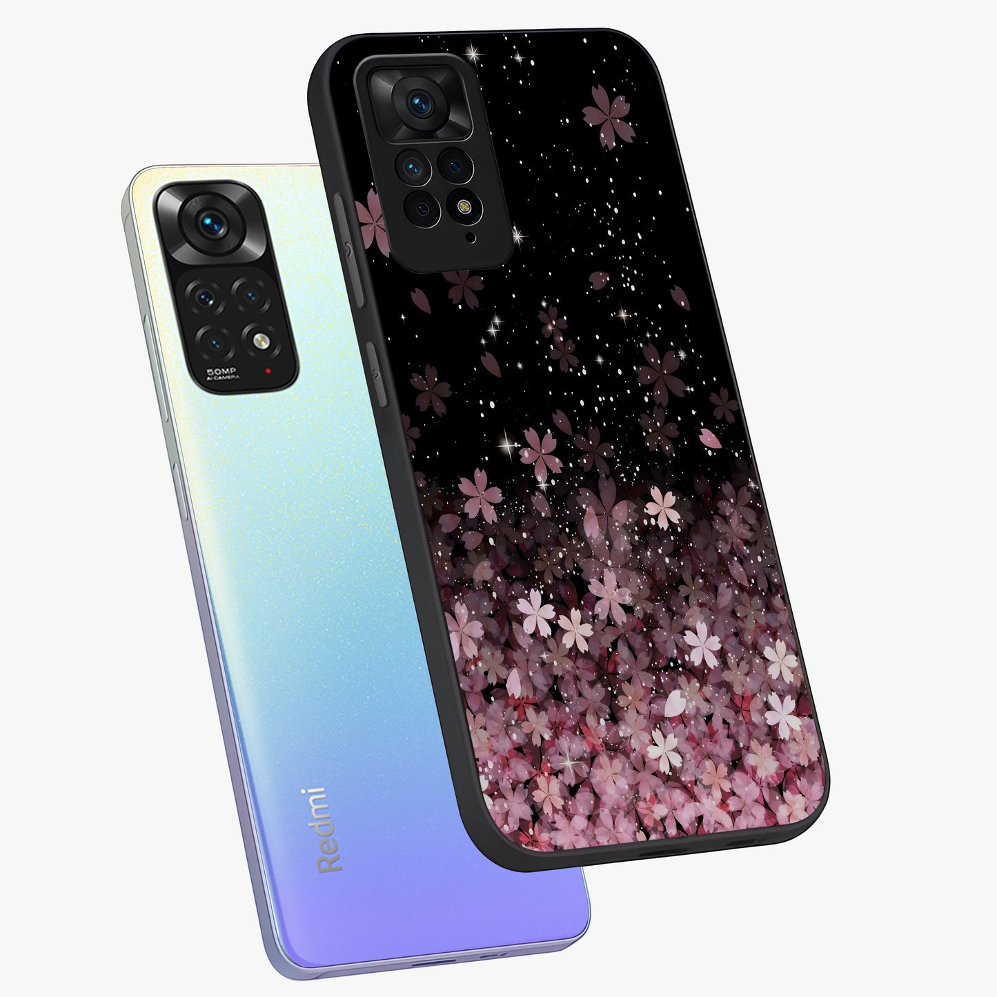 Small Starry Flowers Glass Case displayed in angled mockup highlighting tiny flower pattern with celestial aesthetic style.