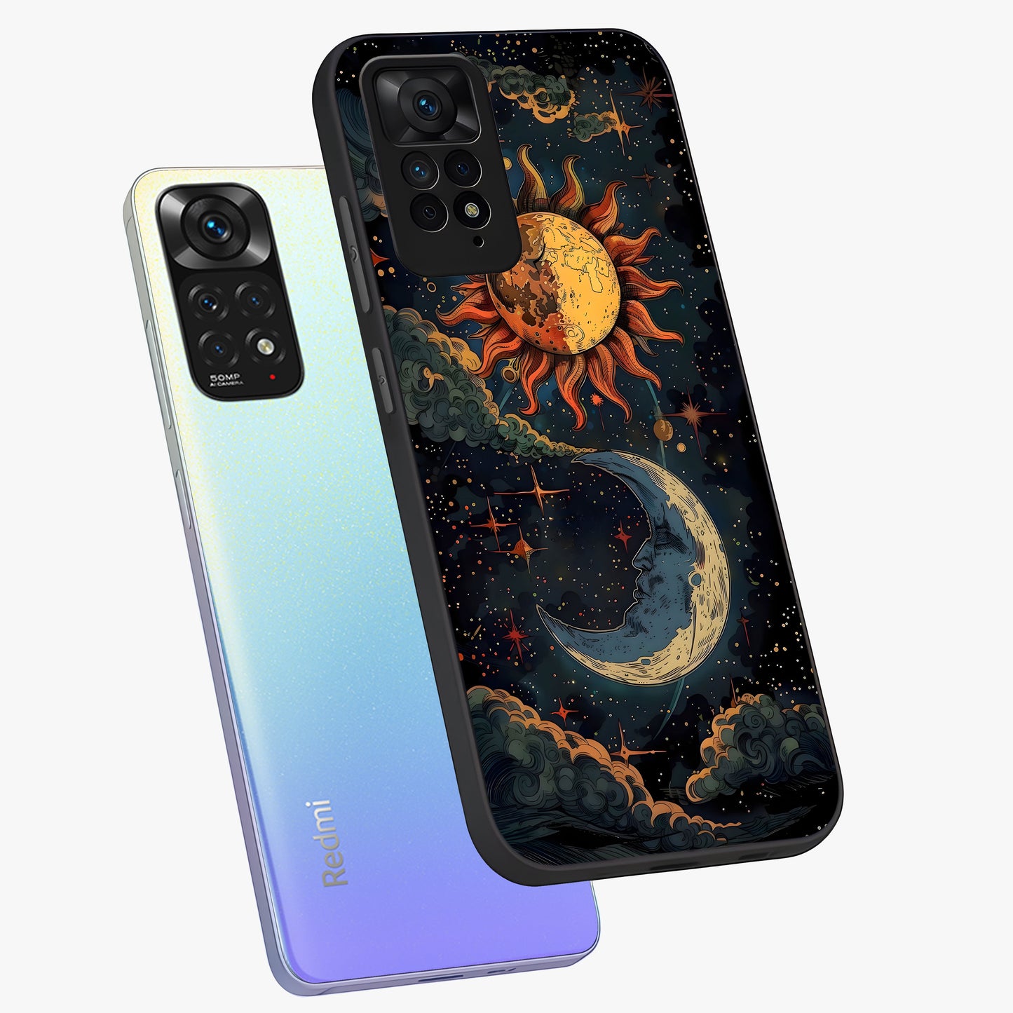 Sun And Moon Magic Design Glass Case displayed in angled mockup highlighting celestial design with magical cosmic aesthetic.