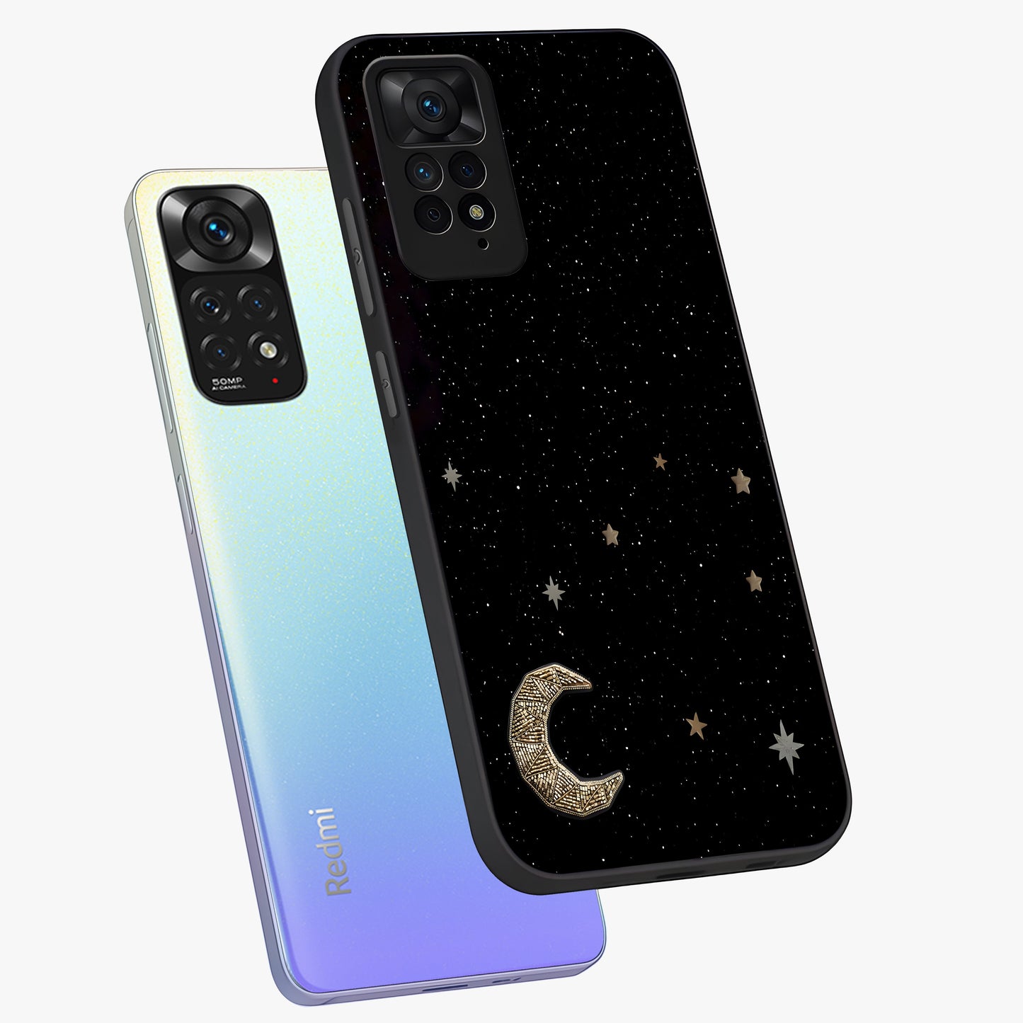 Twinkle Star With Half Moon Glass Case displayed in angled mockup highlighting celestial moon and star design with magical aesthetic.