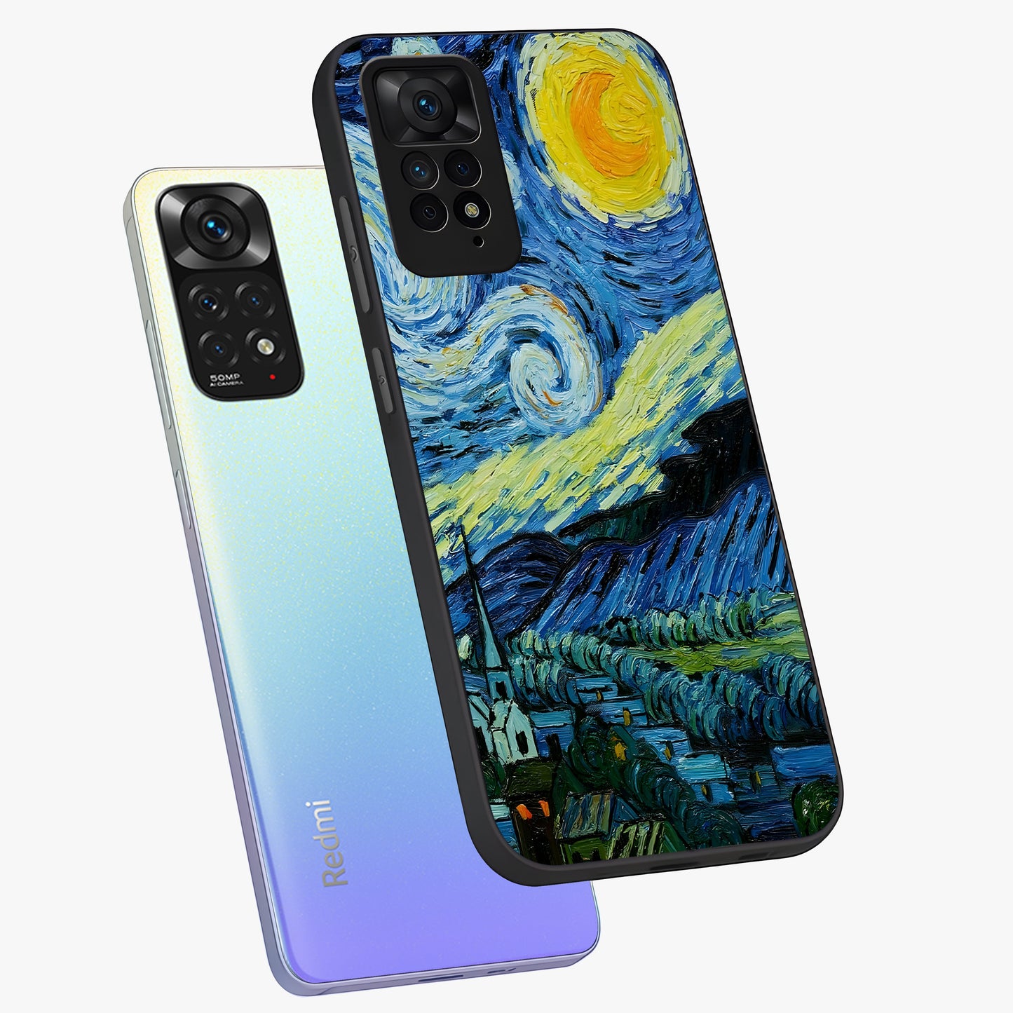 Van Gogh Art Glass Case displayed in angled mockup highlighting swirling brushstroke design with artistic aesthetic.