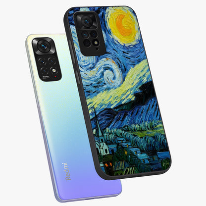 Van Gogh Art Glass Case displayed in angled mockup highlighting swirling brushstroke design with artistic aesthetic.