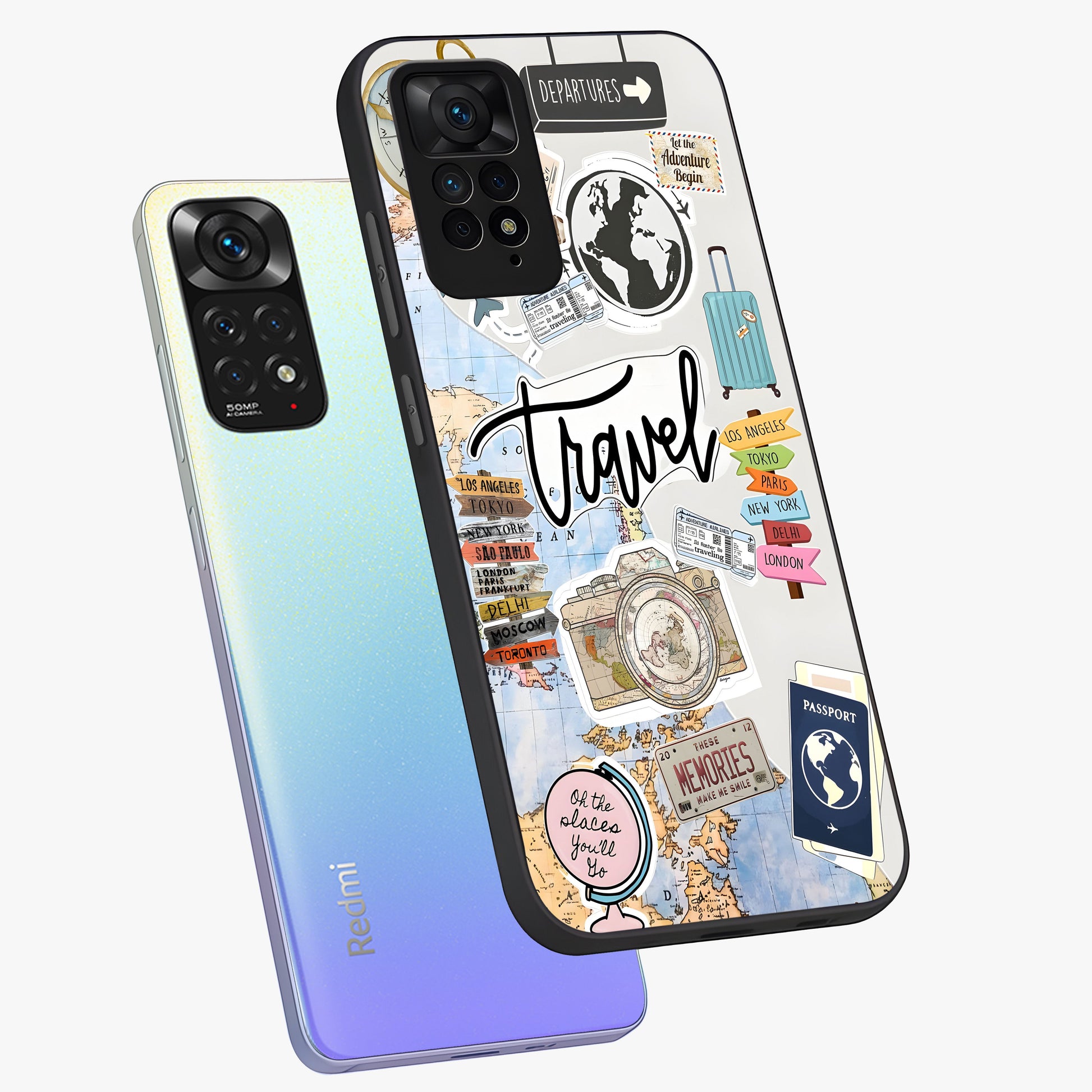 Wanderlust Journal Glass Case displayed in angled mockup highlighting adventure themed design with aesthetic travel vibe.