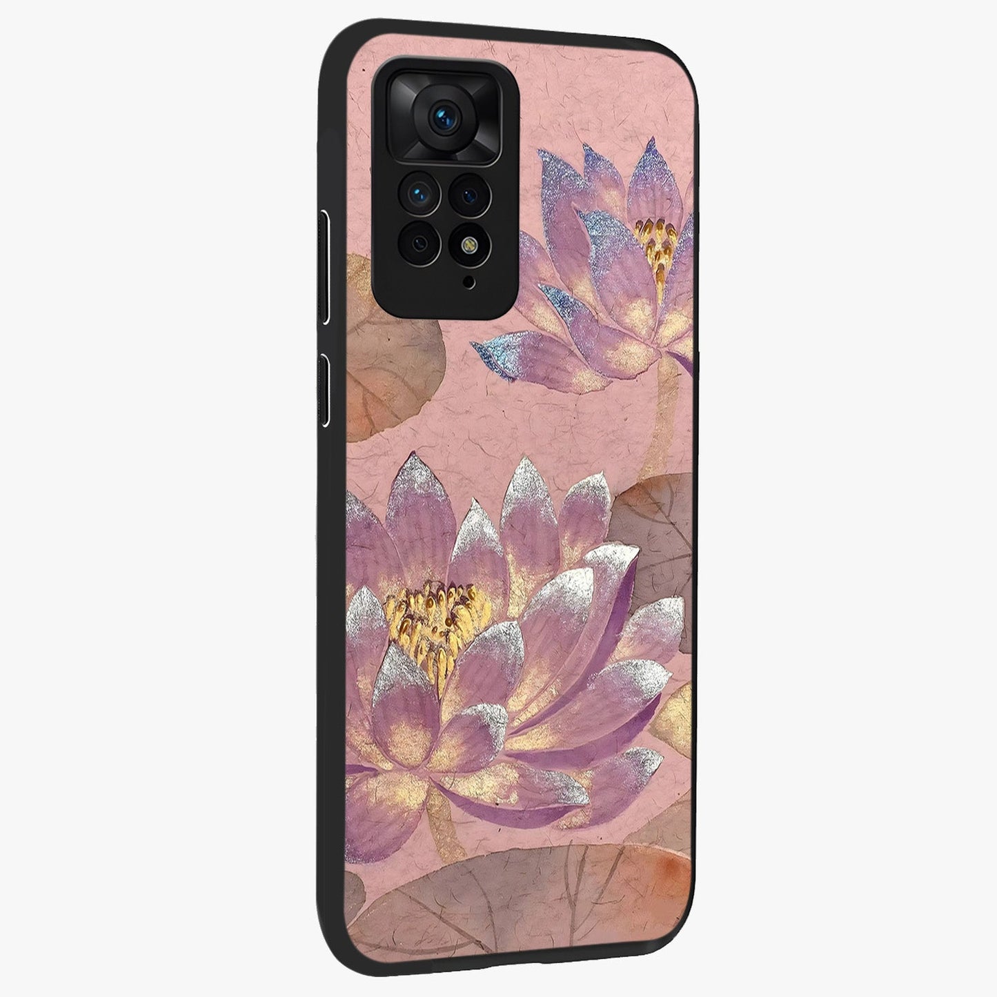 Blossom Mist Lotus Glass Case upright view showcasing graceful lotus flower design with peaceful botanical style.