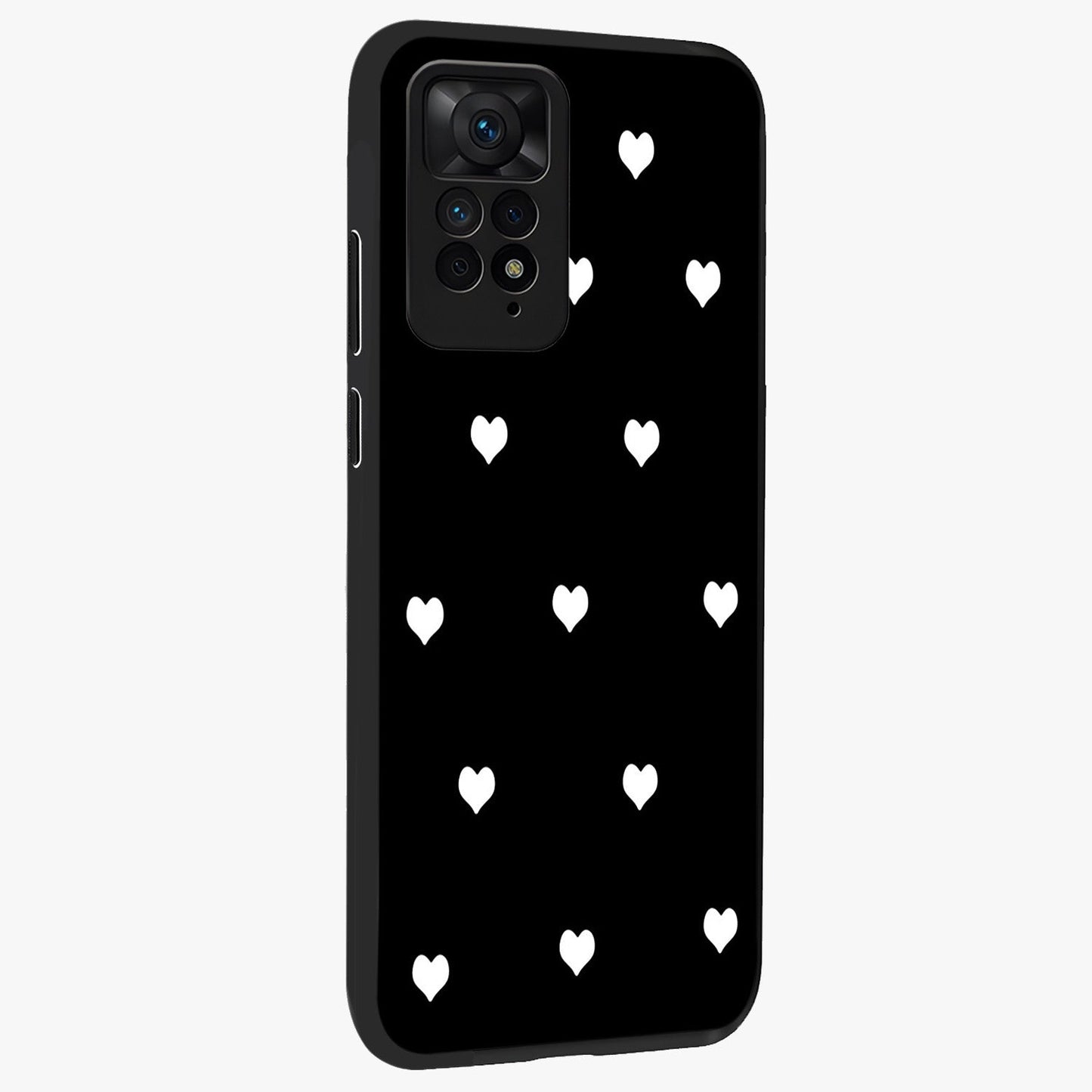 Cute And Simple White Hearts Glass Case upright view showcasing simple white hearts artwork with soft minimal theme.