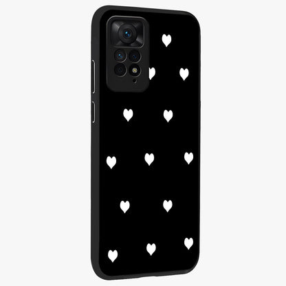 Cute And Simple White Hearts Glass Case upright view showcasing simple white hearts artwork with soft minimal theme.