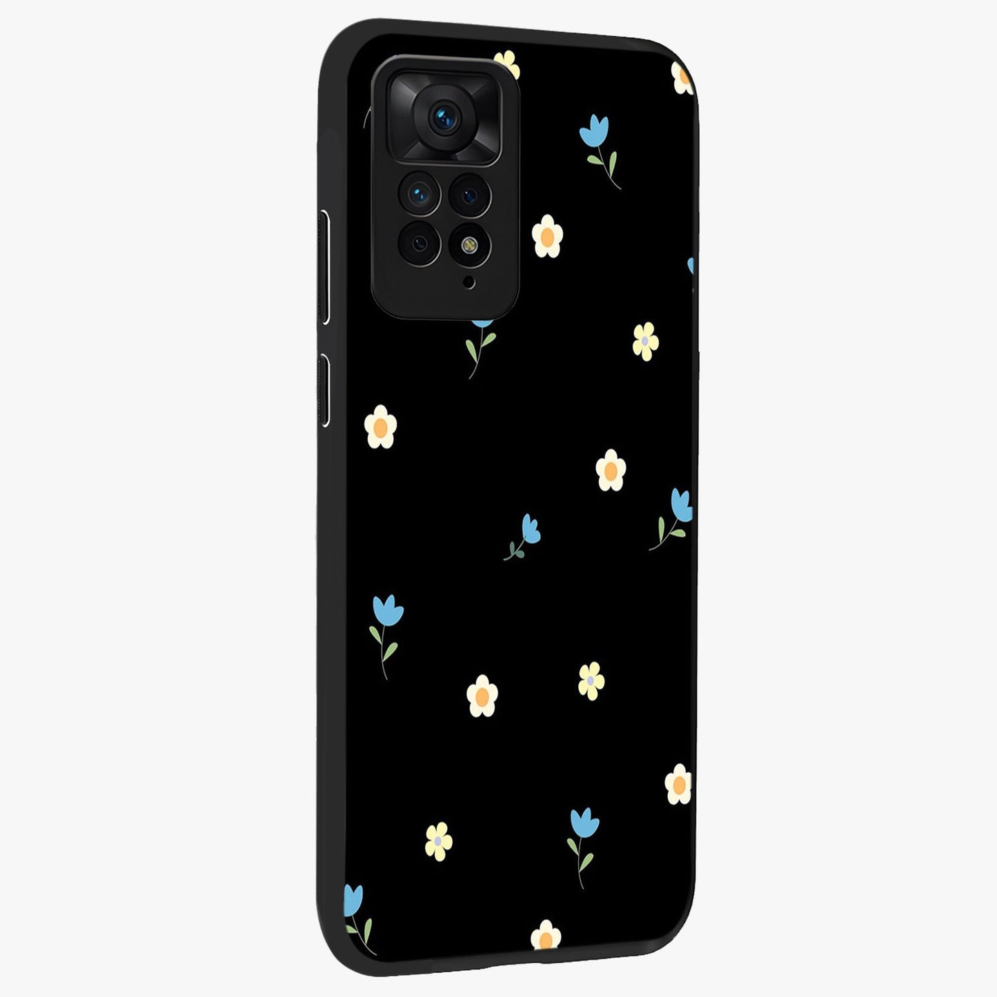 Minimal Petal Whispers Glass Case upright view showcasing elegant floral artwork with modern minimalist style.
