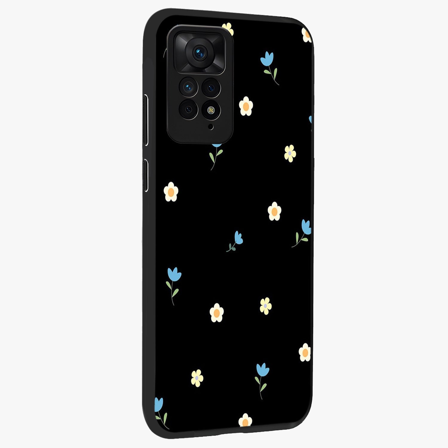 Minimal Petal Whispers Glass Case upright view showcasing elegant floral artwork with modern minimalist style.