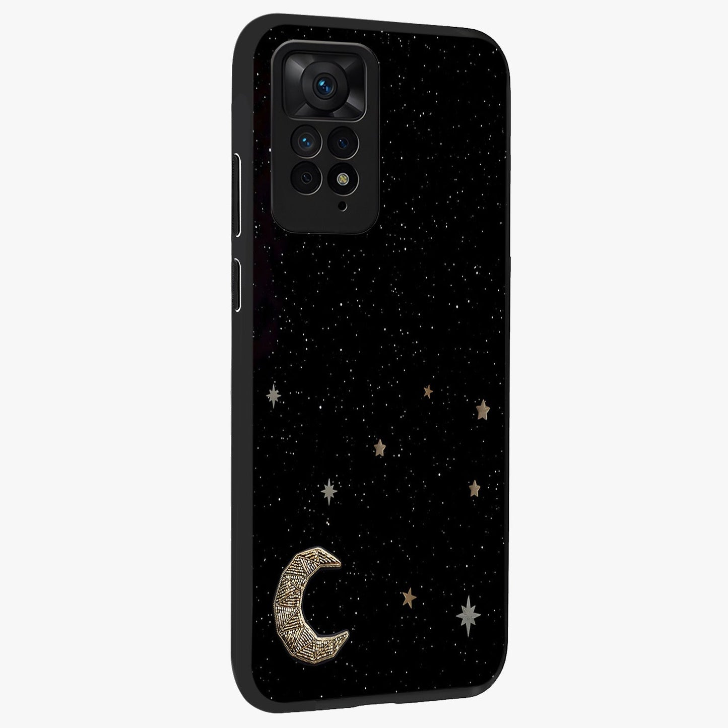 Twinkle Star With Half Moon Glass Case upright view showcasing glowing cosmic artwork with dreamy night theme.