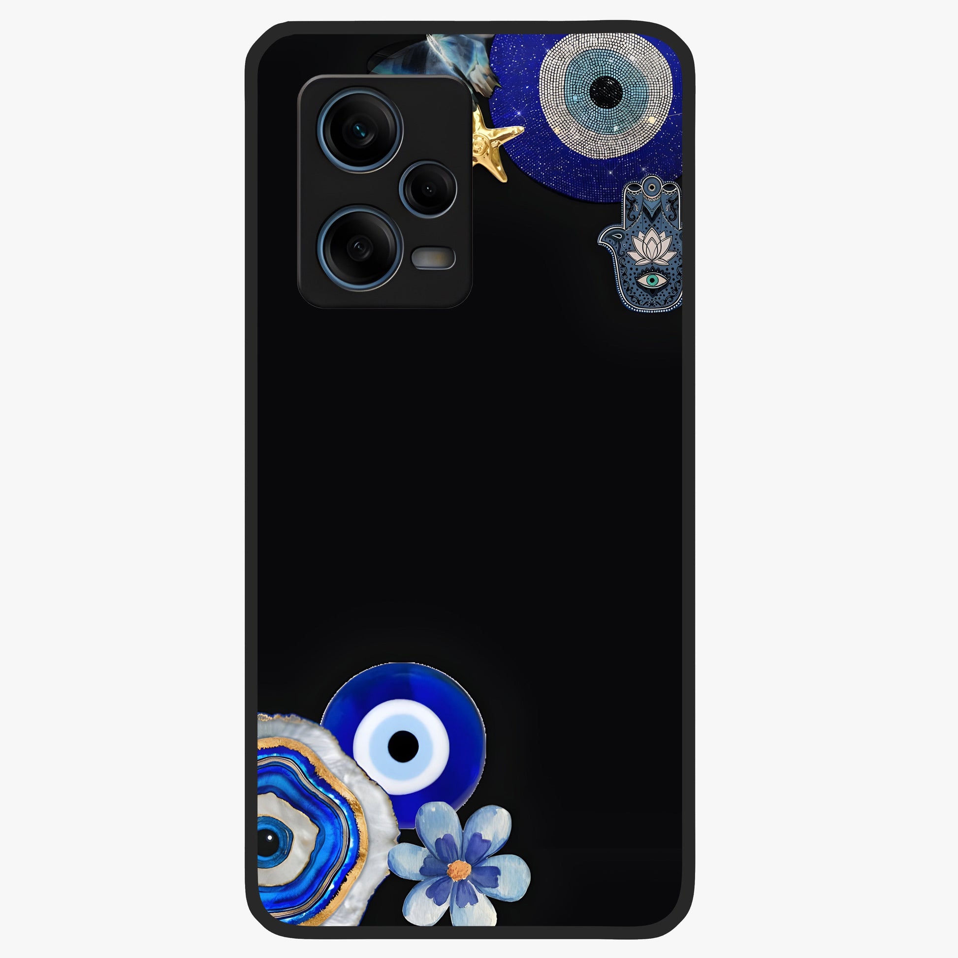 Aesthetic Blue Evil Eye Glass Case showing flat back view with protective evil eye artwork and glossy glass finish.