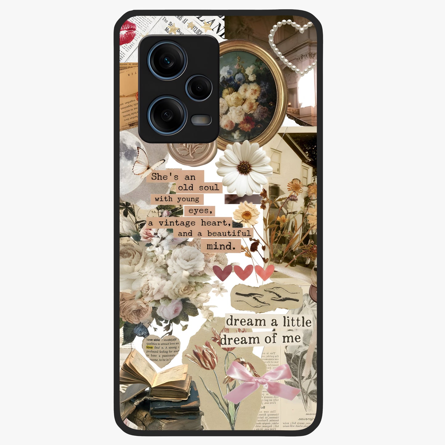 Aesthetic Brown Vintage Collage Glass Case showing flat back view with retro collage artwork and glossy glass finish.
