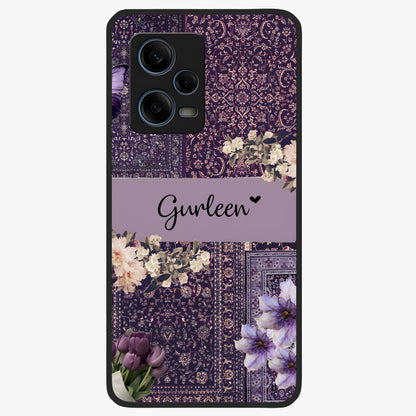 Antique Floral Whisper Custom Name Glass Case showing flat back view with vintage floral artwork and personalized name design.