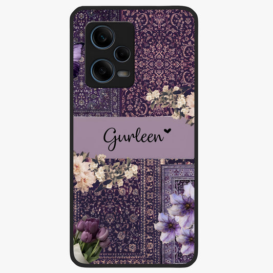 Antique Floral Whisper Custom Name Glass Case showing flat back view with vintage floral artwork and personalized name design.