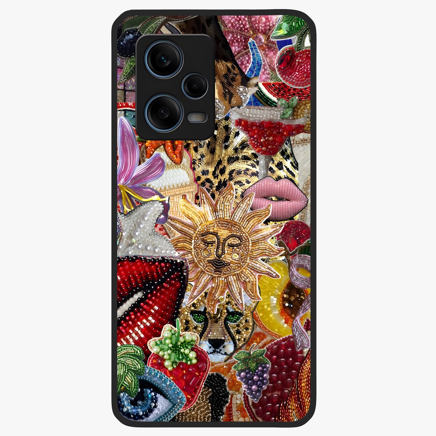 Beaded Fashion Jungle Glass Case showing flat back view with vibrant jungle inspired bead artwork and glossy glass finish.