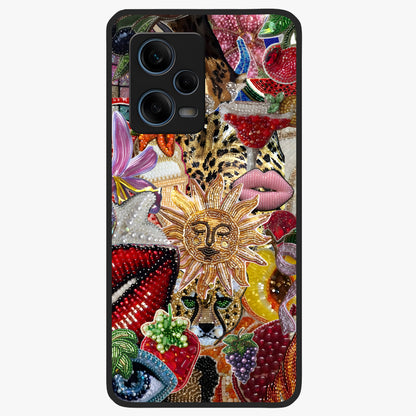Beaded Fashion Jungle Glass Case showing flat back view with vibrant jungle inspired bead artwork and glossy glass finish.