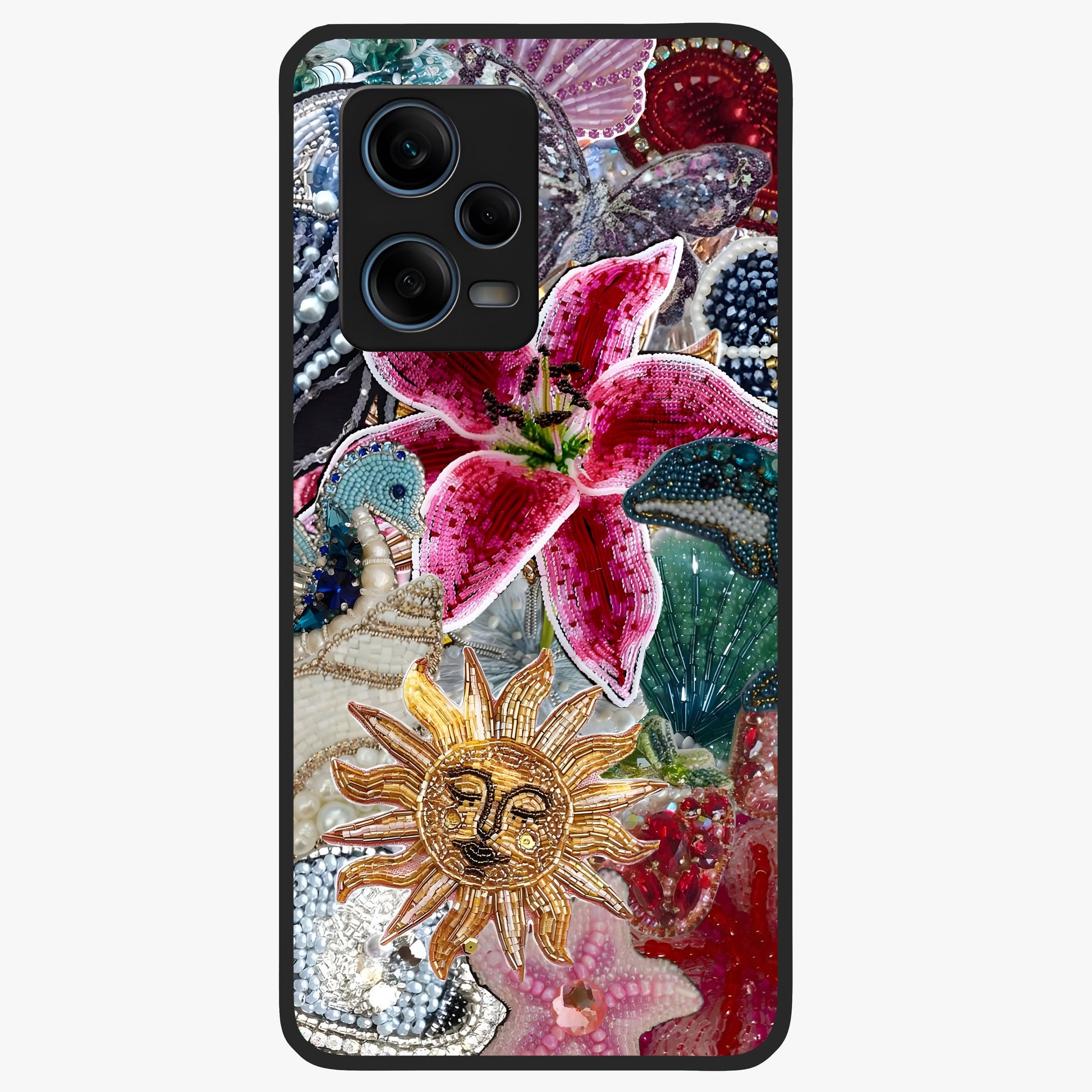 Beaded Garden Fantasy Glass Case showing flat back view with dreamy garden bead artwork and glossy glass finish.