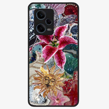 Beaded Garden Fantasy Glass Case showing flat back view with dreamy garden bead artwork and glossy glass finish.