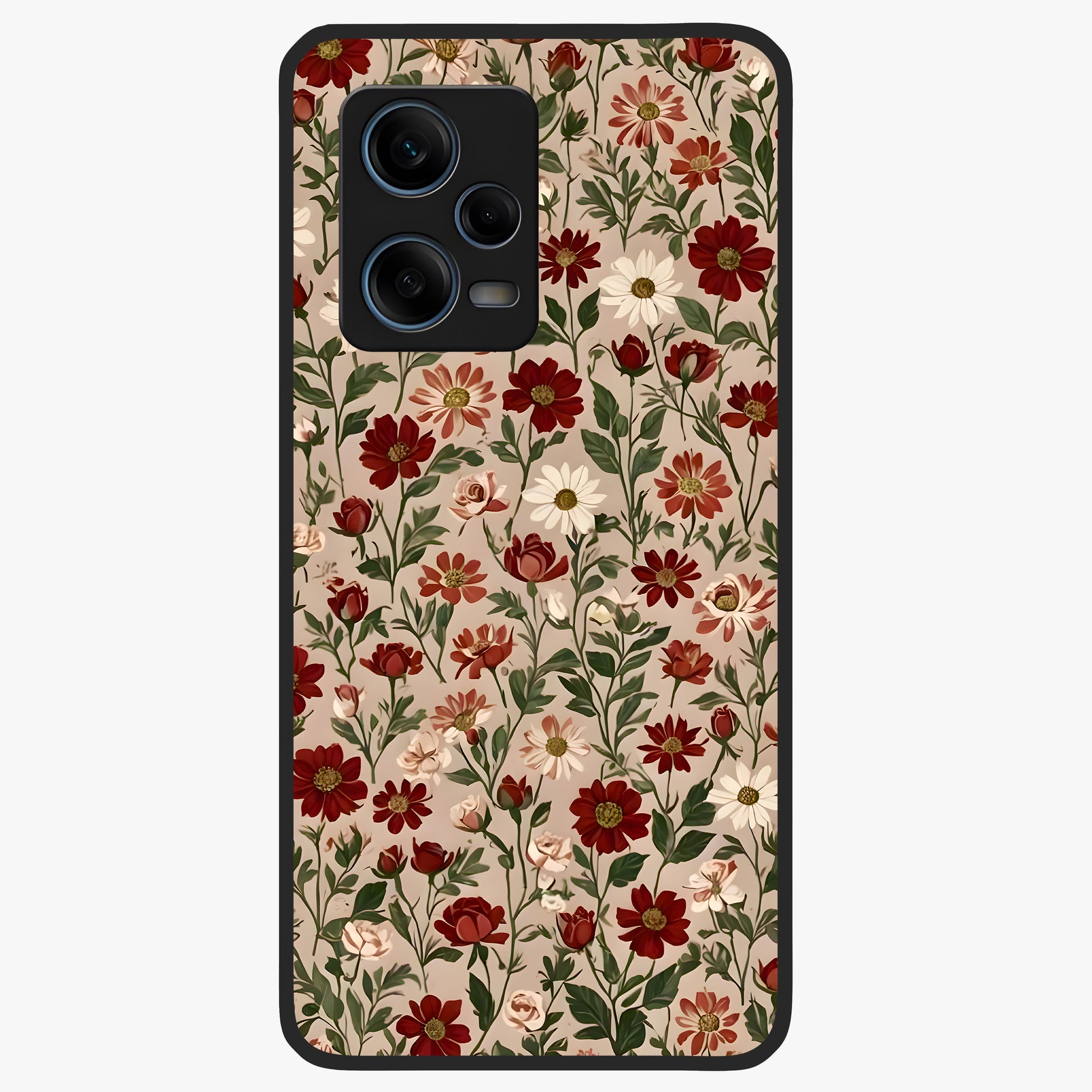 Biege Flower With Leaf Glass Case showing flat back view with soft beige floral artwork and glossy glass finish.