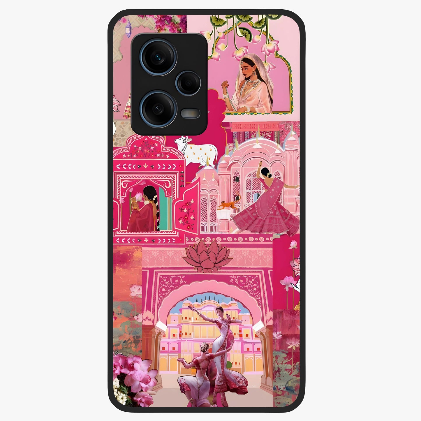 Blossoms of Rajasthan Glass Case showing flat back view with traditional floral artwork inspired by Rajasthan and glossy glass finish.