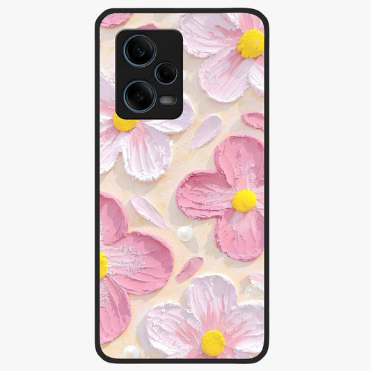 Blush Bloom Texture Glass Case showing flat back view with soft blush floral texture artwork and glossy glass finish.
