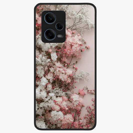 Blush Blossom Cloud Glass Case showing flat back view with dreamy blush cloud blossom artwork and glossy glass finish.