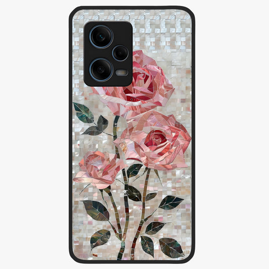 Blush Mosaic Bloom Glass Case showing flat back view with mosaic floral bloom artwork and glossy glass finish.