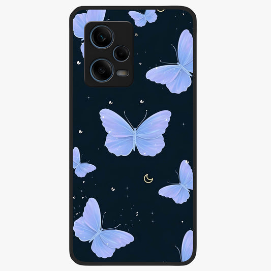 Butterfly With Stars Pattern Glass Case showing flat back view with butterfly and star pattern artwork and glossy glass finish.