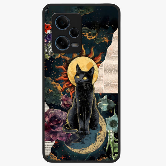 Celestial Black Cat Glass Case showing flat back view with mystical black cat artwork and glossy glass finish.