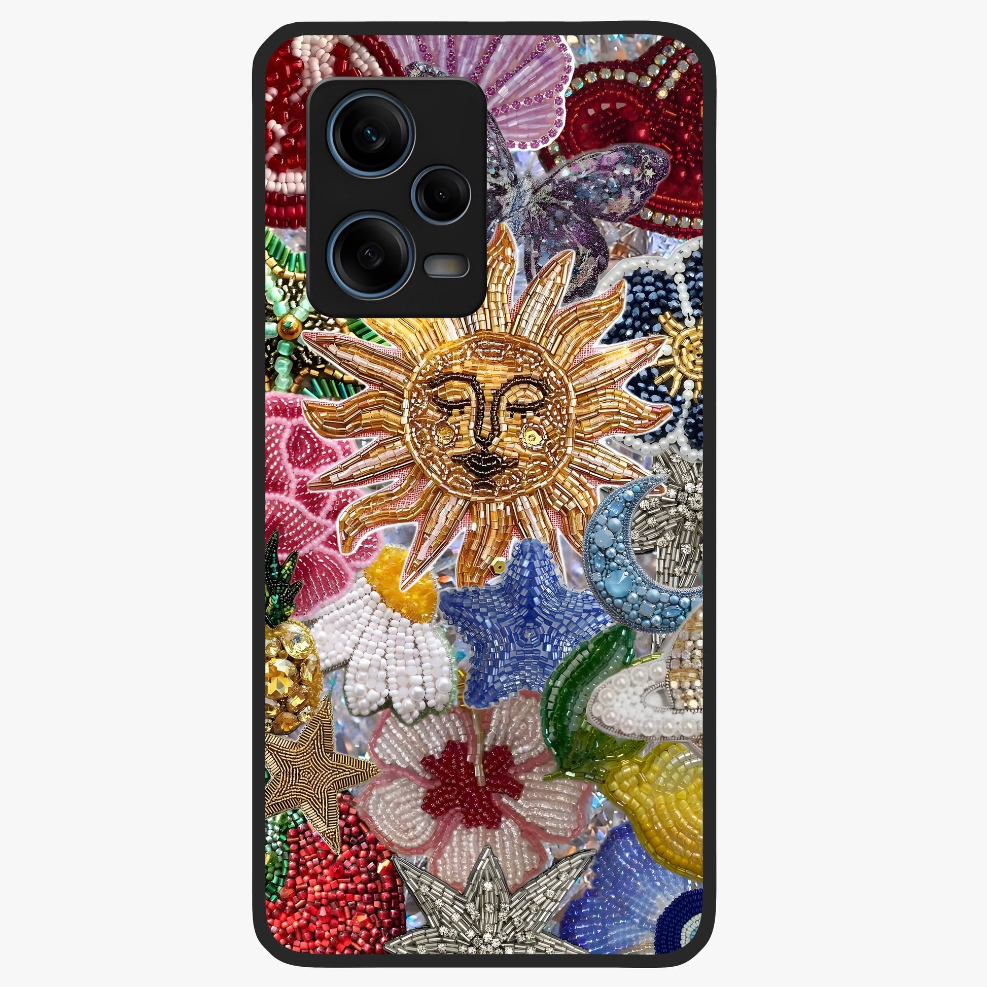 Celestial Floral and Playful Glass Case showing flat back view with floral and celestial themed artwork and glossy glass finish.
