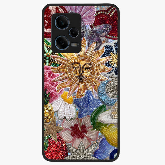 Celestial Floral and Playful Glass Case showing flat back view with floral and celestial themed artwork and glossy glass finish.