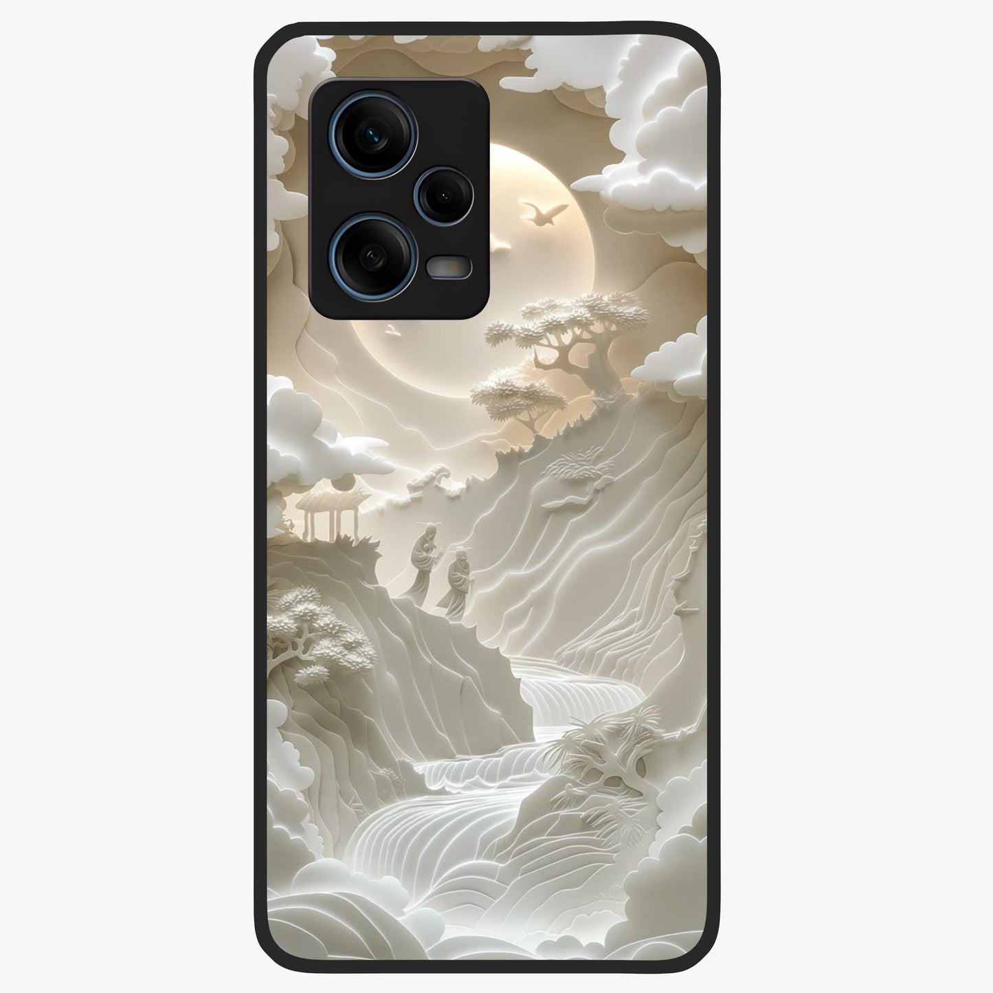 Celestial Origami Glass Case showing flat back view with artistic origami inspired celestial artwork and glossy glass finish.