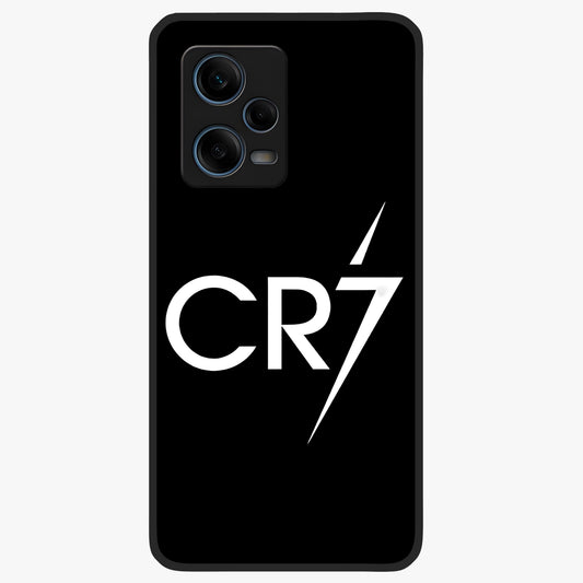Cr7 Elite Strike Glass Case showing flat back view with dynamic football inspired artwork and glossy glass finish.