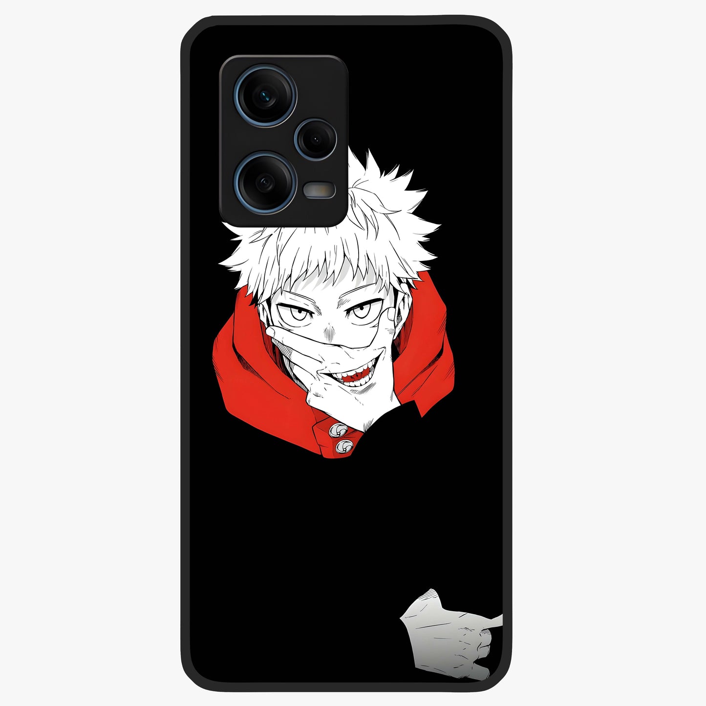 Crimson Chaos Smile Glass Case showing flat back view with bold chaotic smile artwork and glossy glass finish.