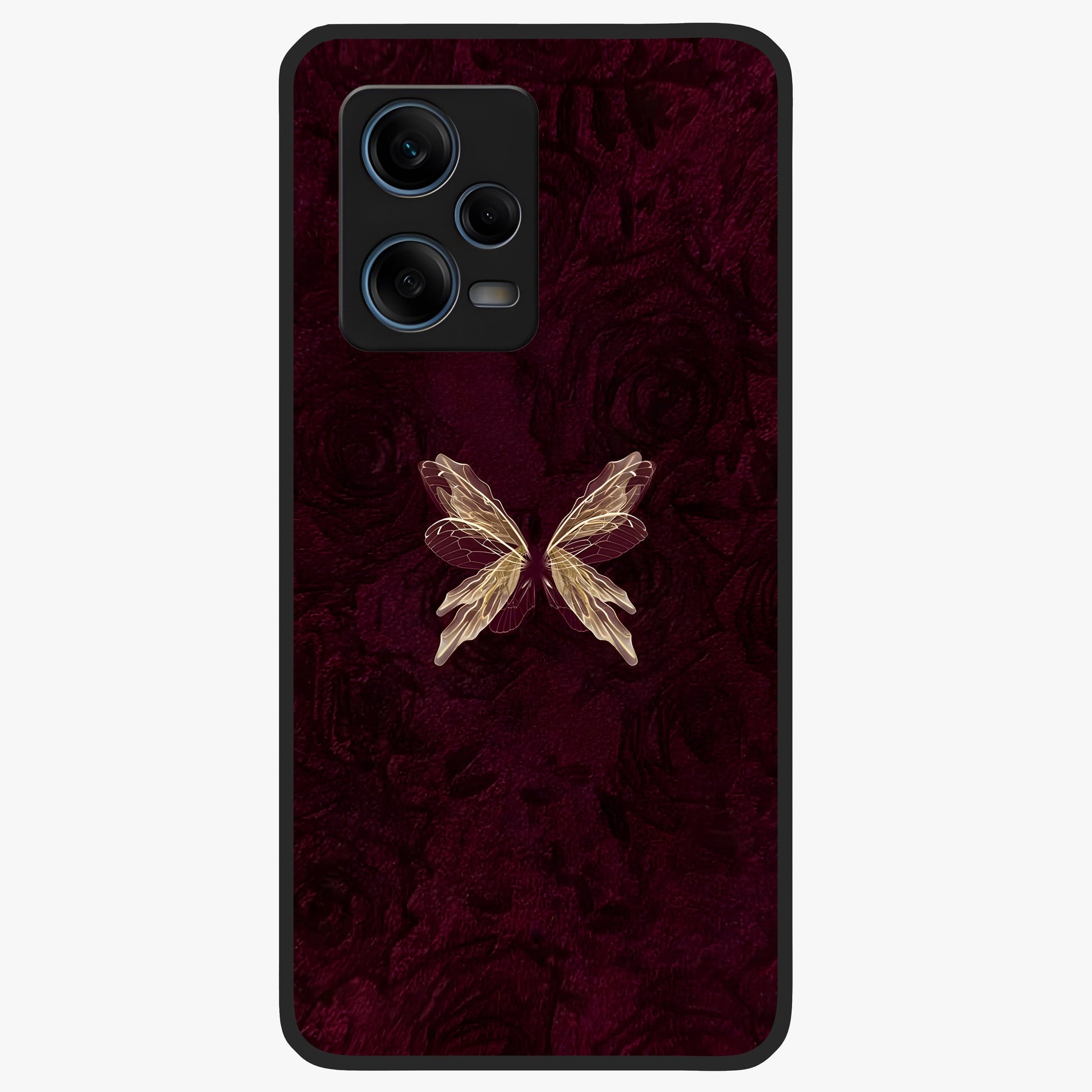 Crimson Fade Butterfly Glass Case showing flat back view with fading butterfly artwork and glossy glass finish.