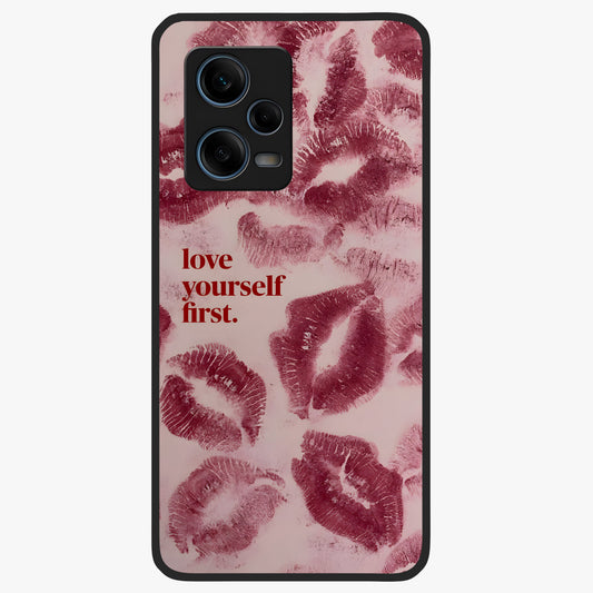 Crimson Kiss Love Glass Case showing flat back view with romantic crimson themed artwork and glossy glass finish.