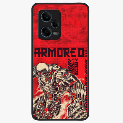 Crimson Mecha Titan Glass Case showing flat back view with powerful mech titan artwork and glossy glass finish.
