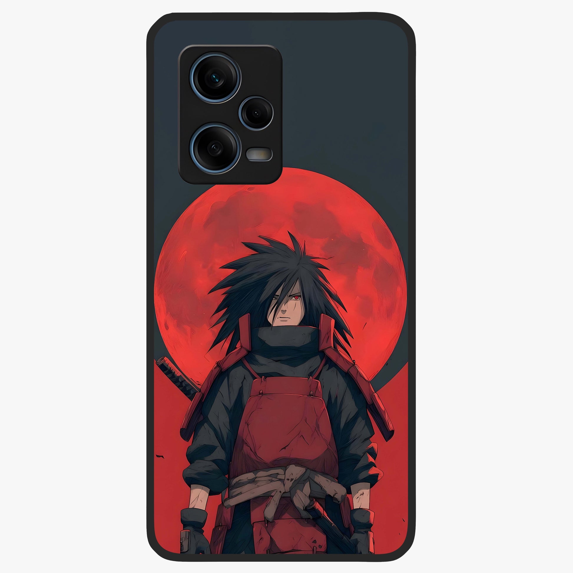 Crimson Moon Warlord Glass Case showing flat back view with mystical moon warrior artwork and glossy glass finish.