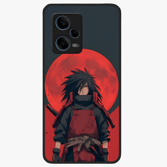 Crimson Moon Warlord Glass Case showing flat back view with mystical moon warrior artwork and glossy glass finish.