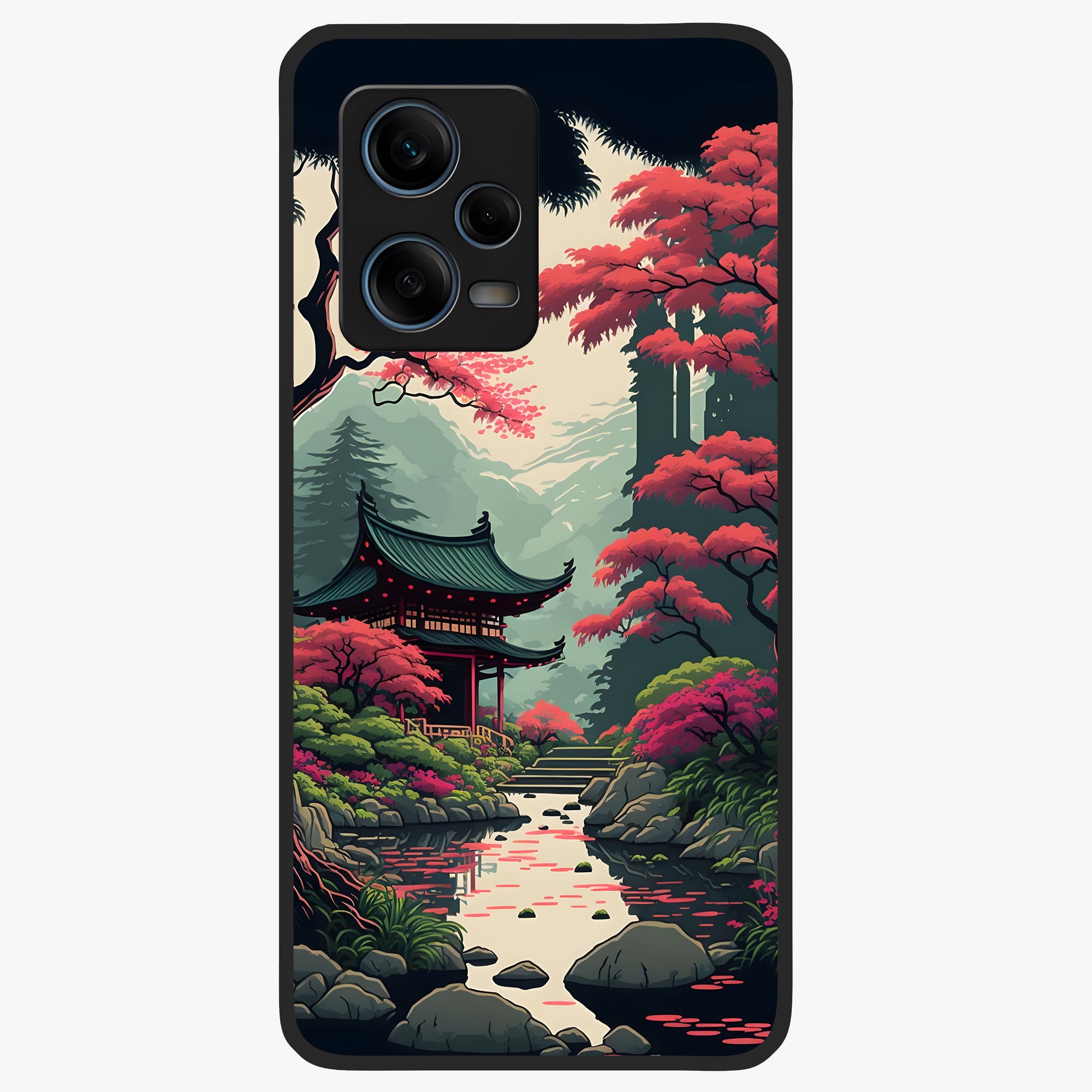 Crimson Temple View Glass Case showing flat back view with temple inspired artwork and glossy glass finish.