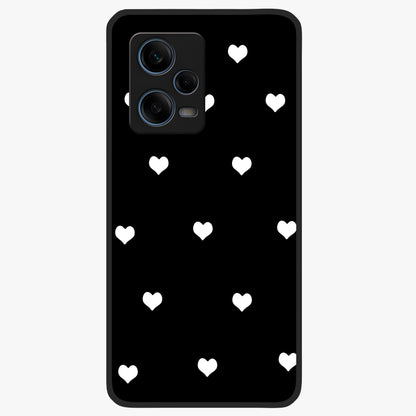 Cute And Simple White Hearts Glass Case showing flat back view with minimal white heart pattern and glossy glass finish.