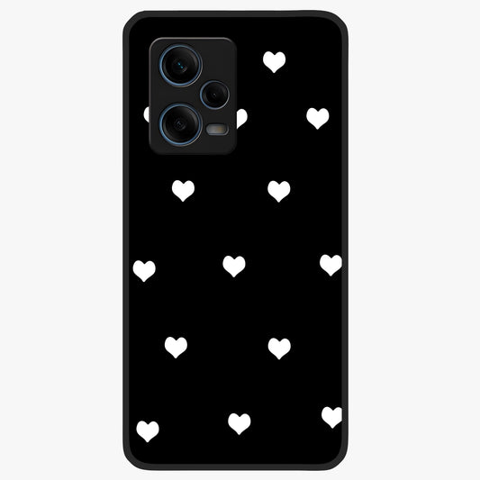 Cute And Simple White Hearts Glass Case showing flat back view with minimal white heart pattern and glossy glass finish.
