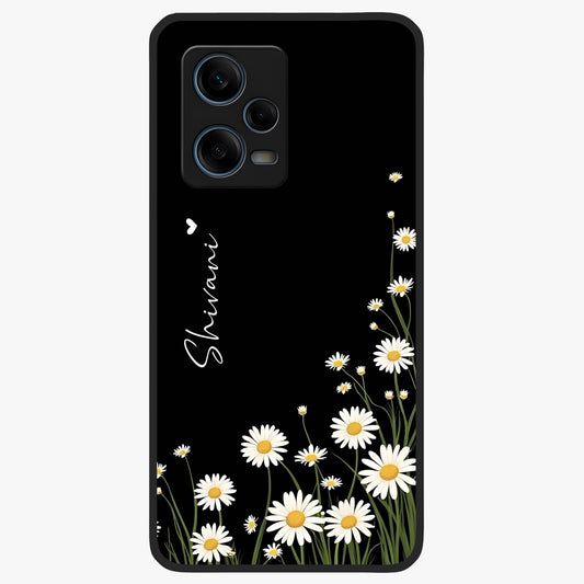 Daisy Cascade Custom Name Glass Case showing flat back view with cascading daisy flowers and personalized name design.