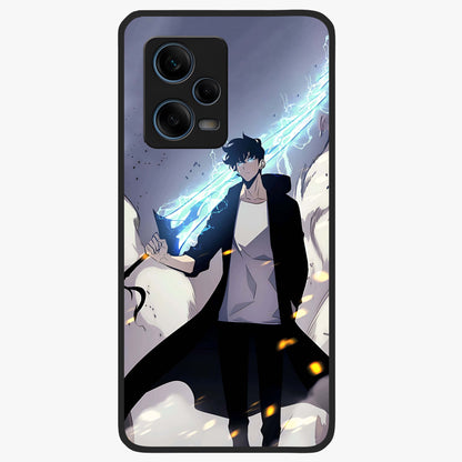 Dark Lightning Anime Warrior Glass Case showing flat back view with intense anime warrior artwork and glossy glass finish.